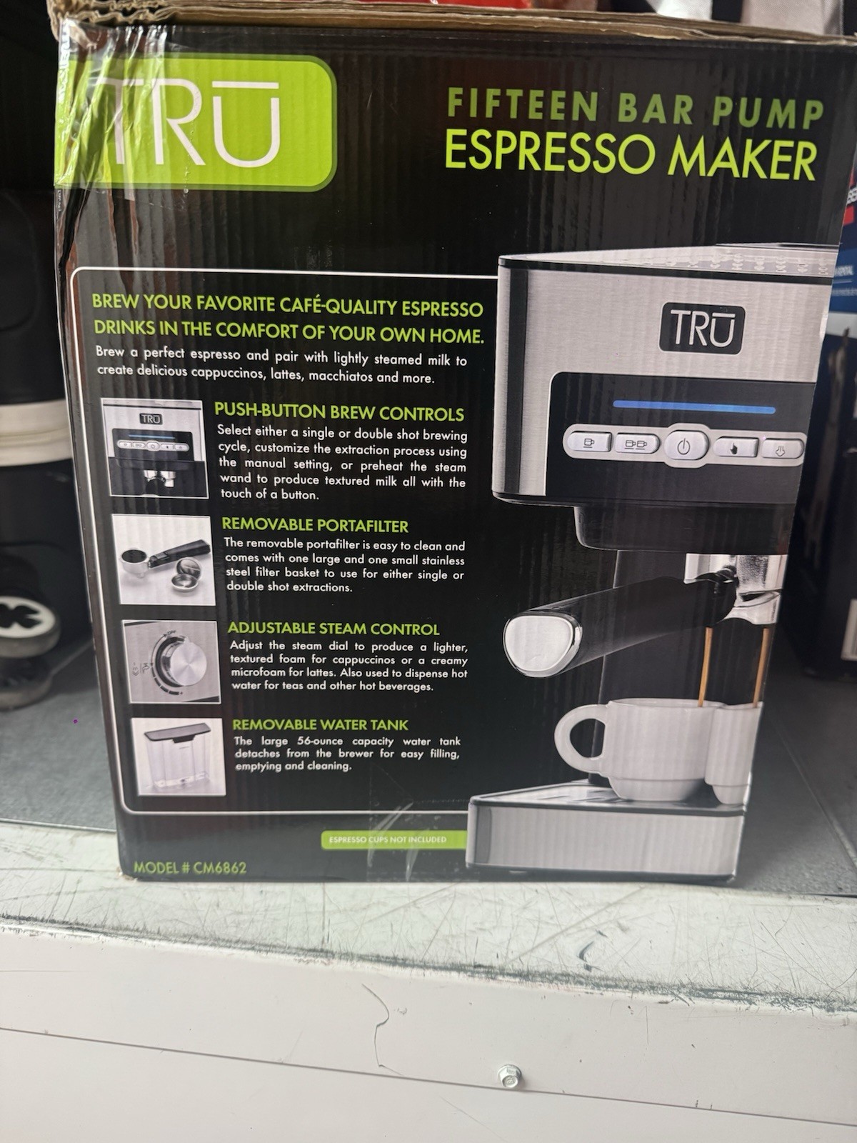 TRU 15-Bar Single/Double Shot Pump Espresso Maker CM-6863 Silver BRAND NEW