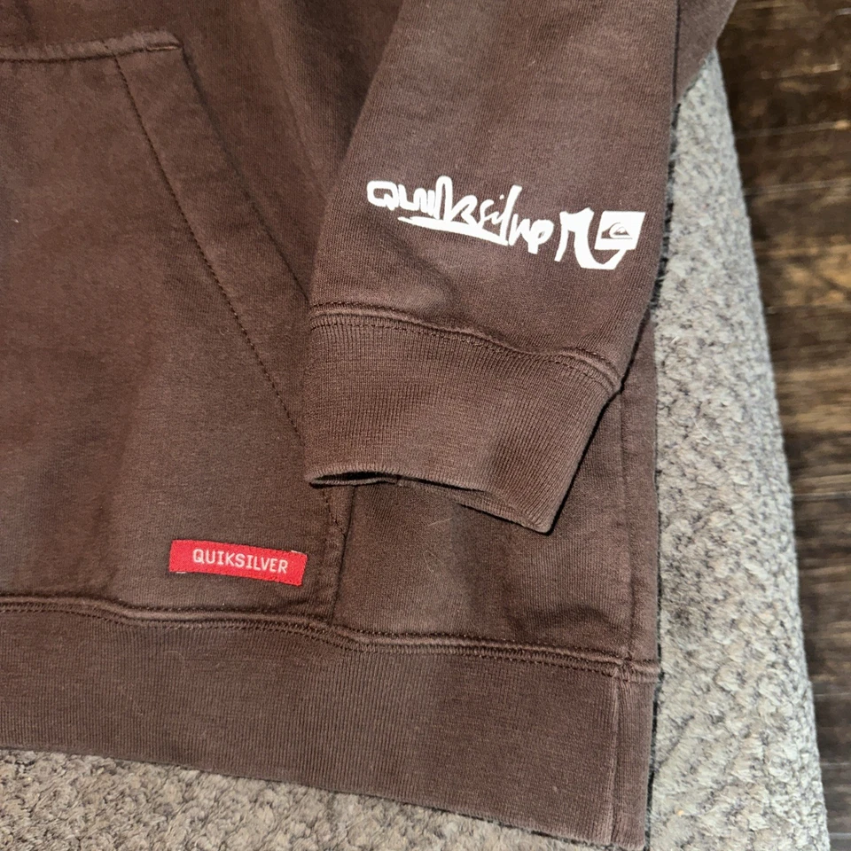 复古 Y2K Quiksilver 连帽运动衫棕色男式 M 拼色冲浪滑板头骨 HTF — 第 3/4 张图片