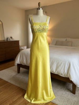 Deadstock Vintage Y2K Faviana Yellow Satin Beaded Gown | Size 7/8