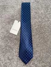 Gucci Men's GG Pattern Silk Necktie NWT Original Packaging Blue 3.25 The Widest