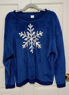 Womens XXL Plush Silver Sequins Snowflake Warm Cozy Winter Holiday Christmas Top