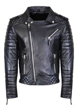 Men's Black Lambskin Leather Asymmetrical Motorcycle Jacket Quilted Biker Coat