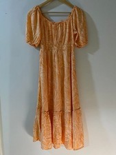 Aerie Peach Palm Print Smocked Midi Dress L Boho Puff Sleeve Tiered Summer