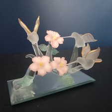 Delicate Glass Ornament With 3 Hummingbirds And Pink Flowers