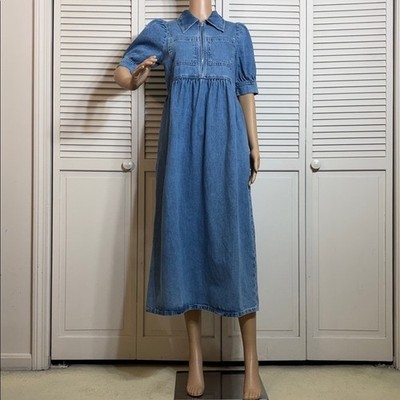 NWT ALIGNE Gabriella Short-Sleeve Midi Blue Organic Cotton Dress Size 2