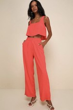 Lulu  s Coolest Allure Coral Red Textured High-rise Wide-leg Pants Size Small