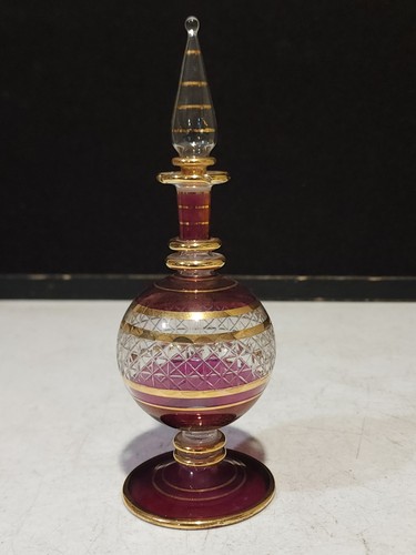 TALL HANDBLOWN CRANBERRY RED W/CUT DIAMOND DESIGN GOLD TRIM GLASS PERFUME BOTTLE