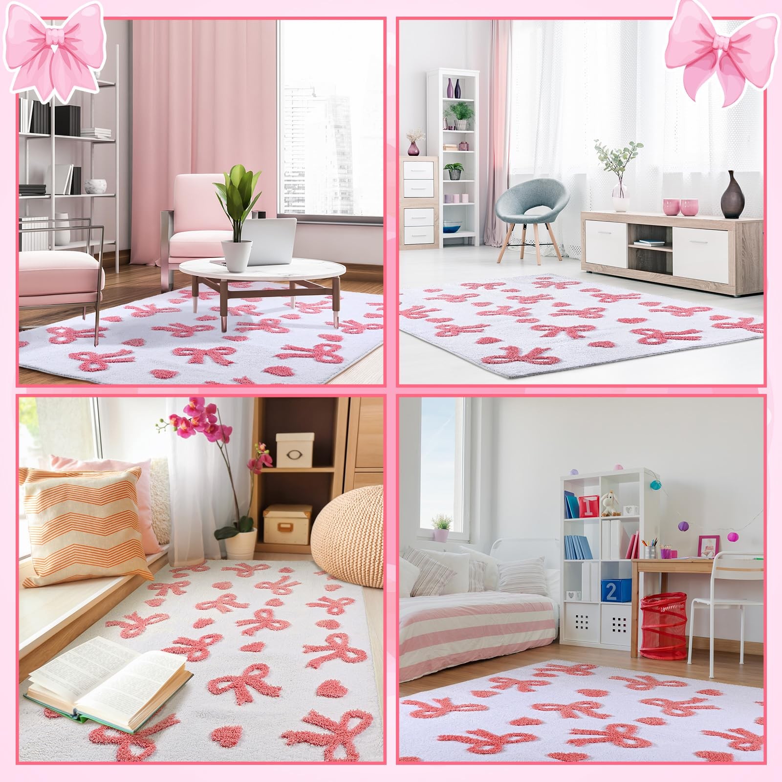 3D Large Bow Area Rug 4 x 6 ft Pink Heart Bedroom Rug Non-Slip Coquette Carpe...