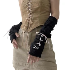 POHADON Women Cute Knitted Arm Warmers Lace Up Bow One Size Black-pink Bow