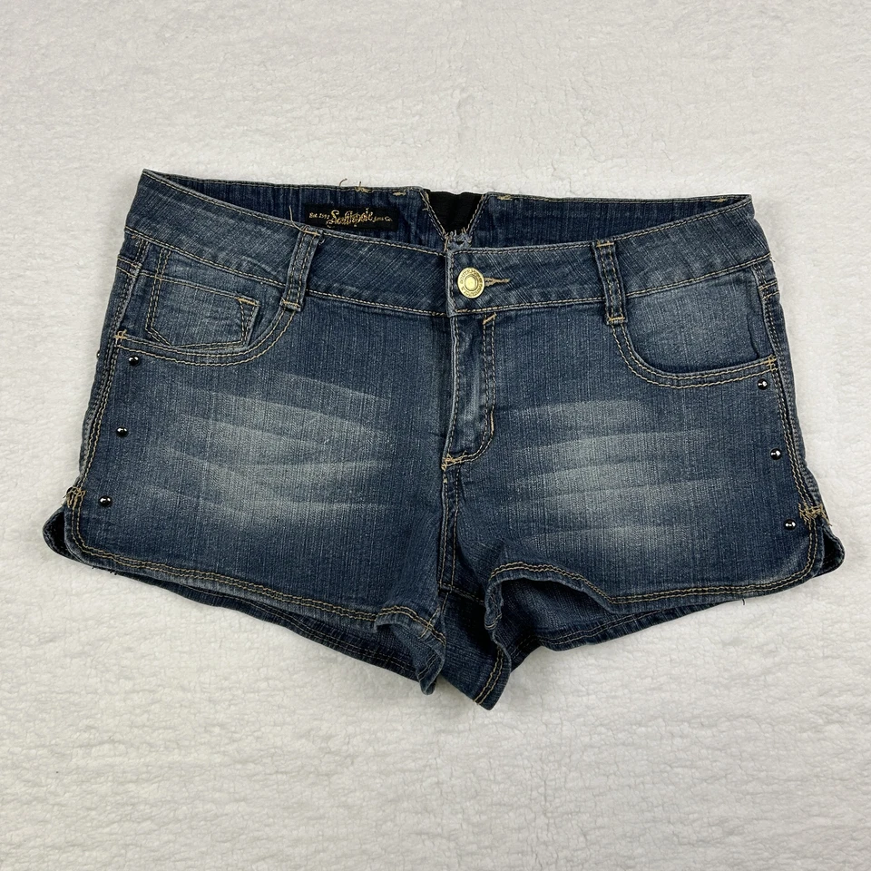 Pantalones Cortos De Colección Y2K Southpole Para Mujer Talla 11 Tiro Bajo Denim Tachonado Bolsillos con Cremallera Foto 2 de 4