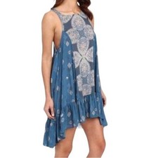 Free People Into You Mini Slip Dress Boho Tiered Open Back Blue Medium Festival