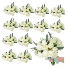 12 Pack Wedding Bridesmaids Bouquets 7 Inch Artificial Rose White Green