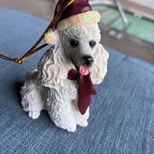 Design Toscano "White Poodle " Dog Collection Christmas Ornament with Santa Hat