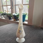 Fenton Glass Satin Custard Glass Bud Vase Hand Painted Blue Floral Signed 11"