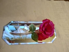 The Glass Gallery Crystal Red Rose Stem with Leaves on Beveled Mirror - Gorgeous