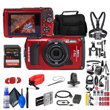 Olympus Tough TG-7 Red Waterproof Camera, W/ 50 Piece Kit  Extra Battery  More