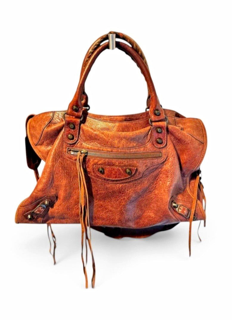 Balenciaga City Brown Distressed Leather Top Handle Bag, Studded Zip Mirror