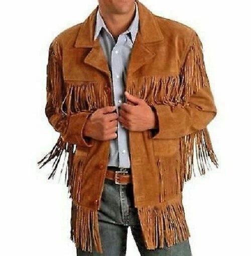 NOORA Men's Tan Suede Lambskin Leather Jacket, Stylish Fringe Suede Biker Jacke
