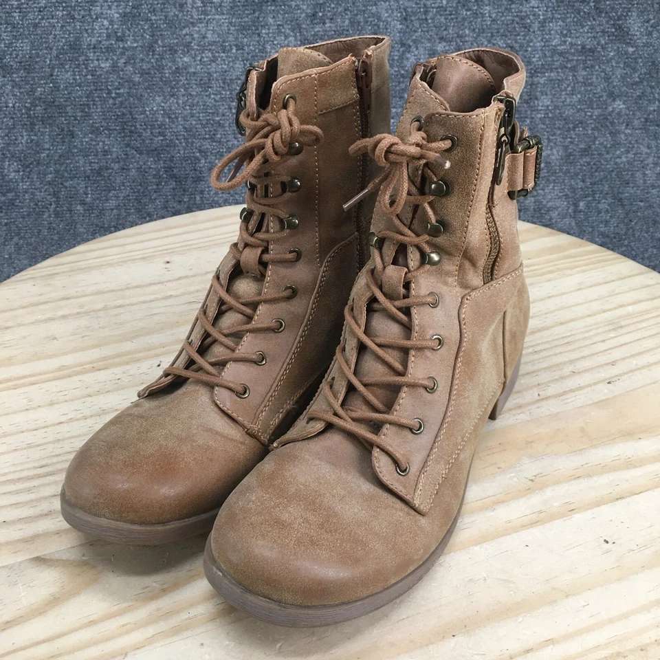 G by Guess Boots Womens 9.5 M Combat Lace Up Beige Faux Leather Zip Round Toe - Image 3 of 4