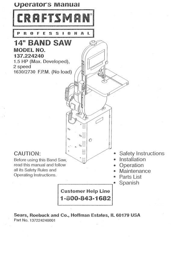 Owner's Manual & Parts List Sears Craftsman 14" Band Saw - Model 137.224240