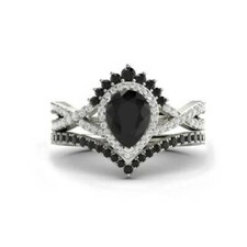 2 CT Pear Cut Black Onyx Bridal Wedding Ring Set In Genuine 925 Sterling Silver
