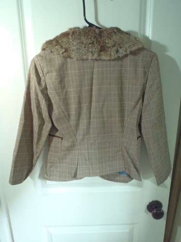 VINTAGE 1940'S STYLE RABBIT FUR TRIM BLAZER SM 3/4 SLEEVE FULLY LINED BROWN BLUE - Picture 2 of 7