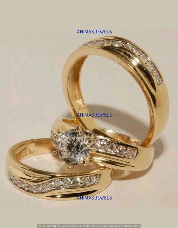 14k Yellow Gold Plated Moissanite Trio His And Her Wedding Bridal