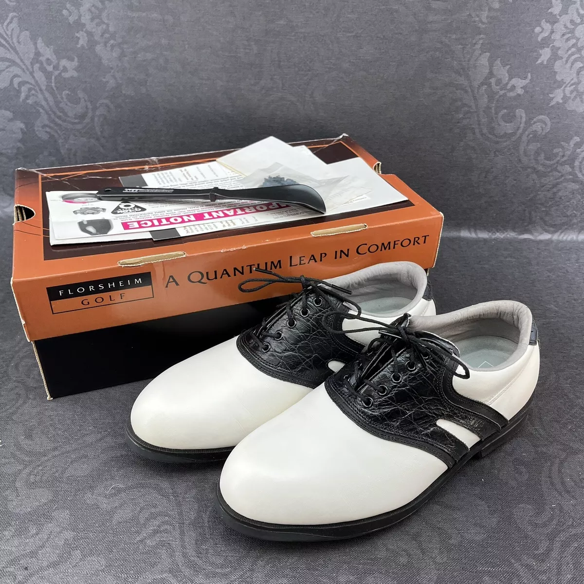 NEW Florsheim Sz 8 W Golf Shoes Style 83804 Black White Saddle