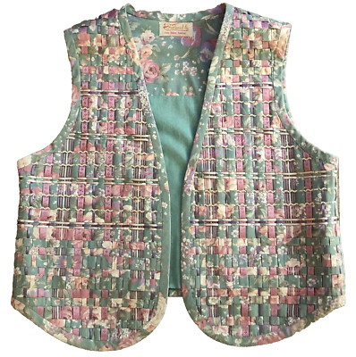 Handmade Patchwork Ribbon Vest Womens Sz M VTG Floral Pastel Green Pink Cottage