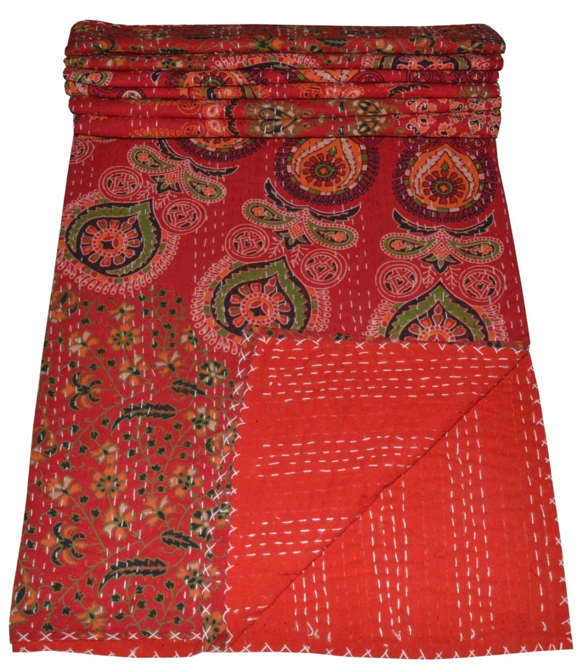 Indian Handmade Kantha Quilt Mandala Red Twin Cotton Bedspread Ethnic Blanket - Image 3 of 4