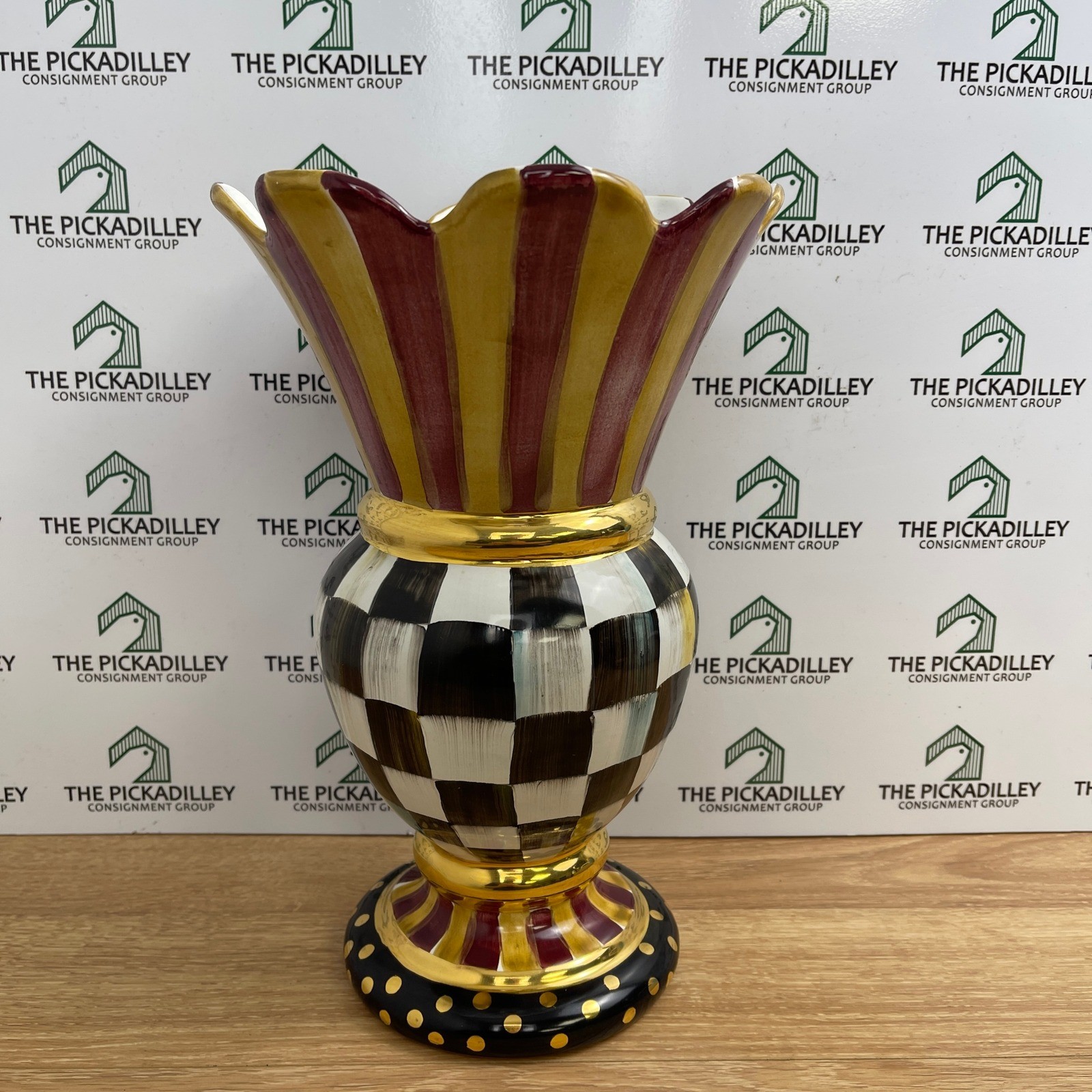 Whimsical Checkered Striped Ceramic Vase Gold Scalloped Rim 11.5 Inch
