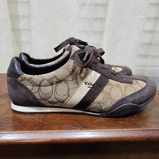 COACH Q7839 KELSON Khaki Brown Signature Jacquard Suede Sneakers Shoes US 7