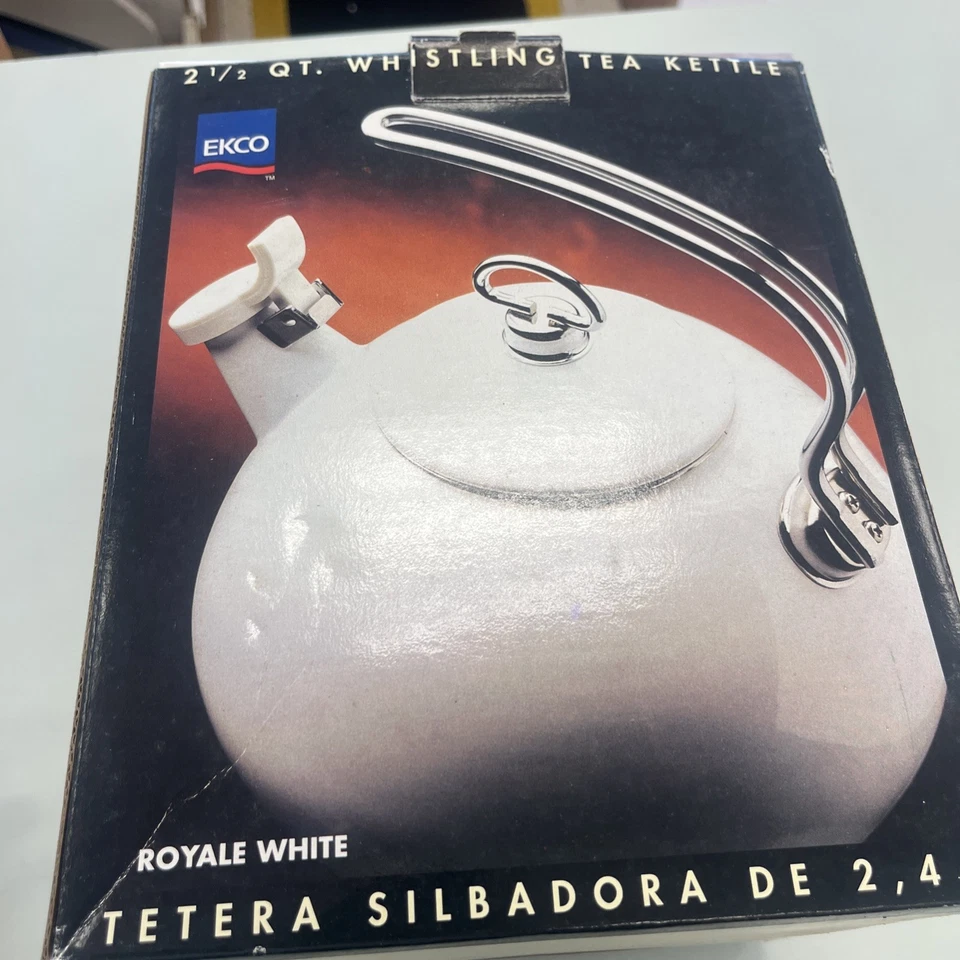 全新 搪瓷钢红茶壶 Whistling 2 1/2 夸脱 Ekco 全新带盒 复古 1997 — 第 3/4 张图片