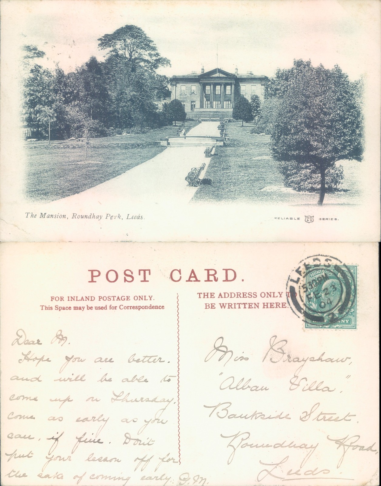 The Mansion Roundhay Park Leeds Reliable Series 1904 postmark Architecture Parks