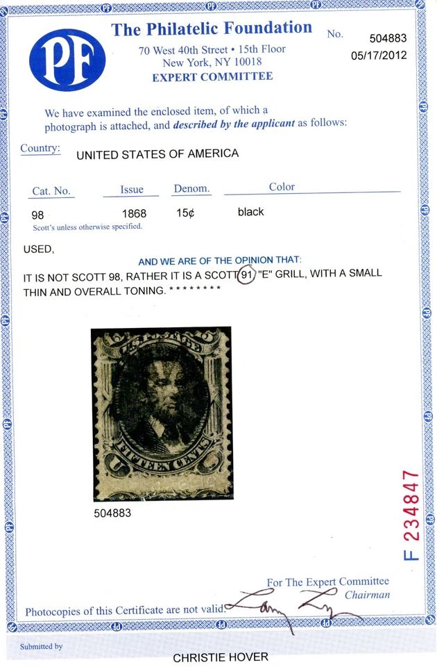 Scott 91 Used US 1868 Lincoln E Grill Fancy Cancel +Cert SCV $575+ - Image 3 of 3