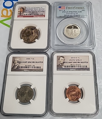 4 Total Brilliant Uncirculated US Coins $1, .25c Silver, .05, .01