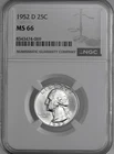 1952-D  25C WASHINGTON SILVER QUARTER  "DENVER"  NGC  MS66  #8343474-069
