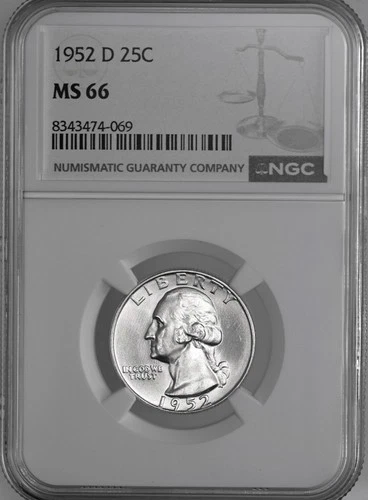 1952-D  25C WASHINGTON SILVER QUARTER  "DENVER"  NGC  MS66  #8343474-069