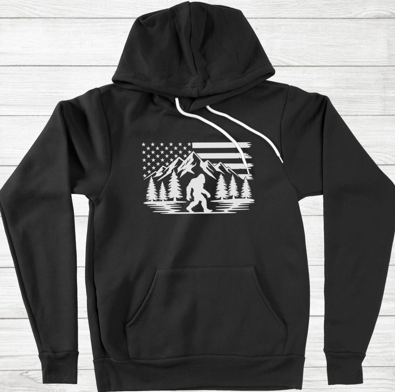 Bigfoot Sasquatch American Flag Mountain Hoodie Sweater big foot hiker forest