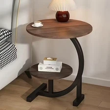 Modern Side Table Black Metal & Wood White Marble Look Top Sofa Bedside