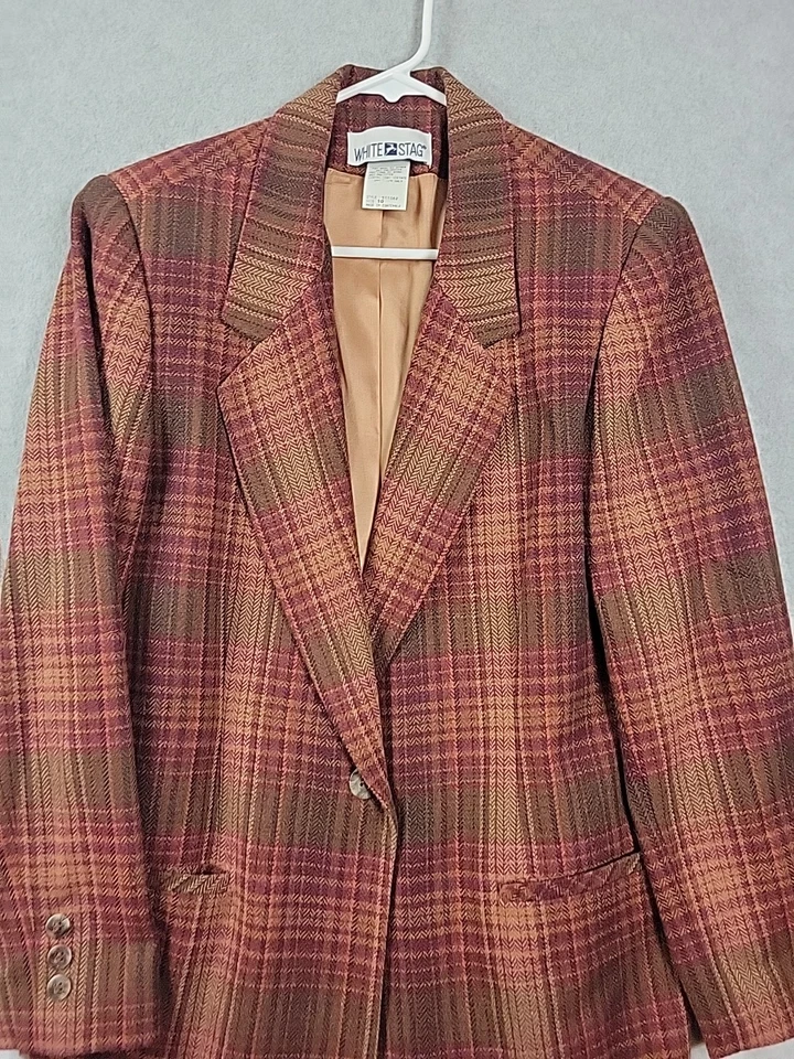 Blazer para mujer vintage blanco mezcla de lana de ciervo naranja a cuadros LS con botones 10 forrado Foto 2 de 4