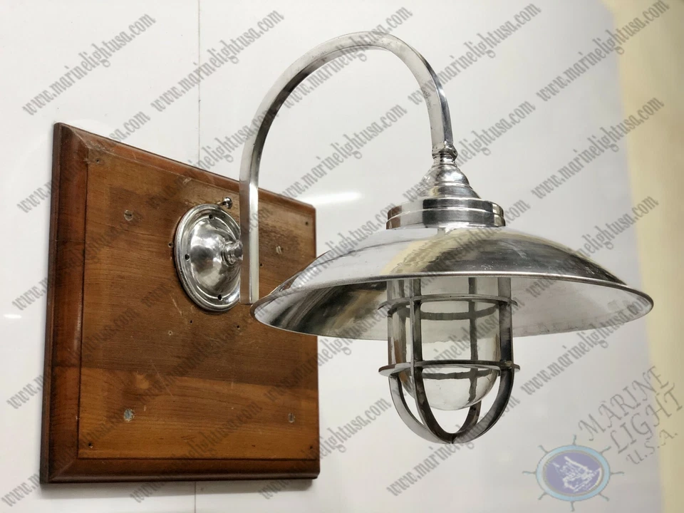 Maritime Deco Antique Aluminum Swan Neck Arched Wall Light with Shade - Image 2 of 4