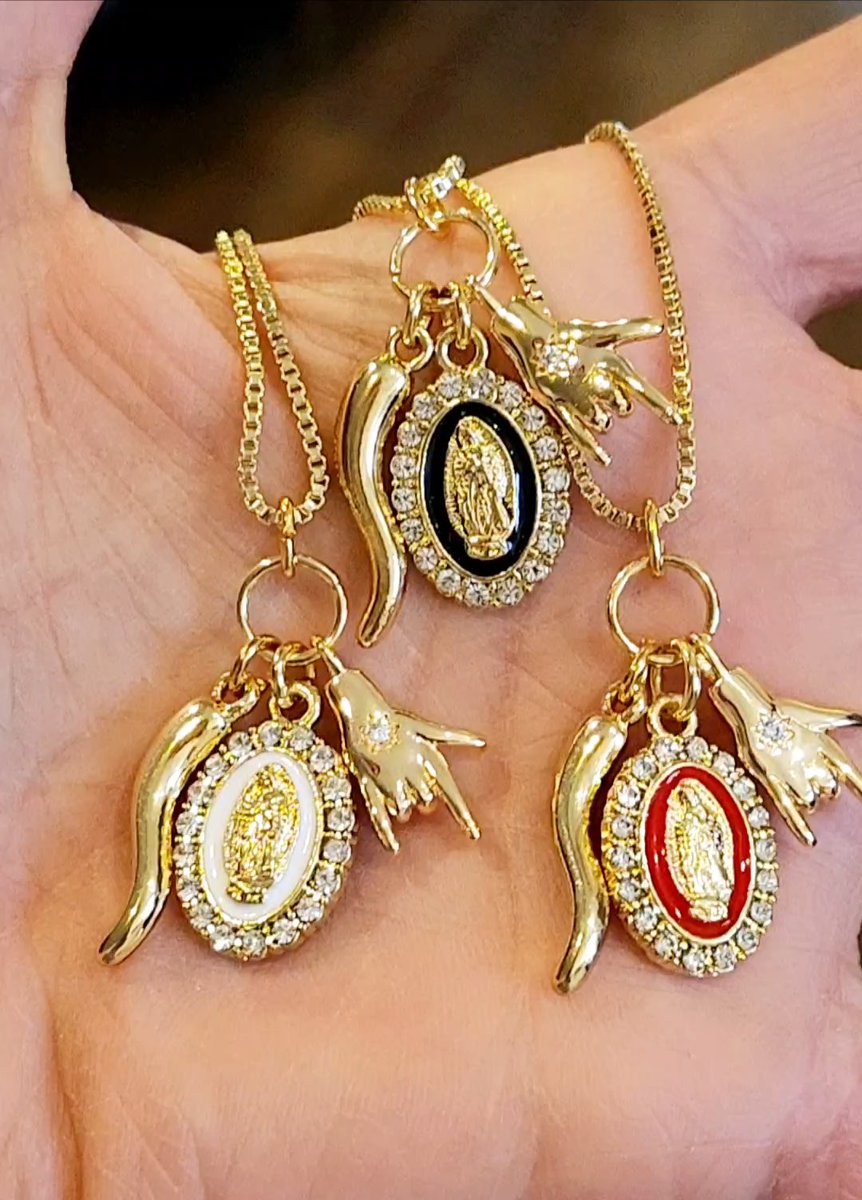 Gold Italian Horn Cornicello Hand CZ Virgin Mary Protection Charm