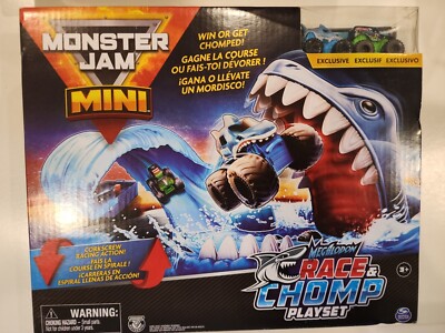 Monster Jam Mini Megalodon Race and Chomp Playset 2 Mini Trucks in 1:87 Scale 