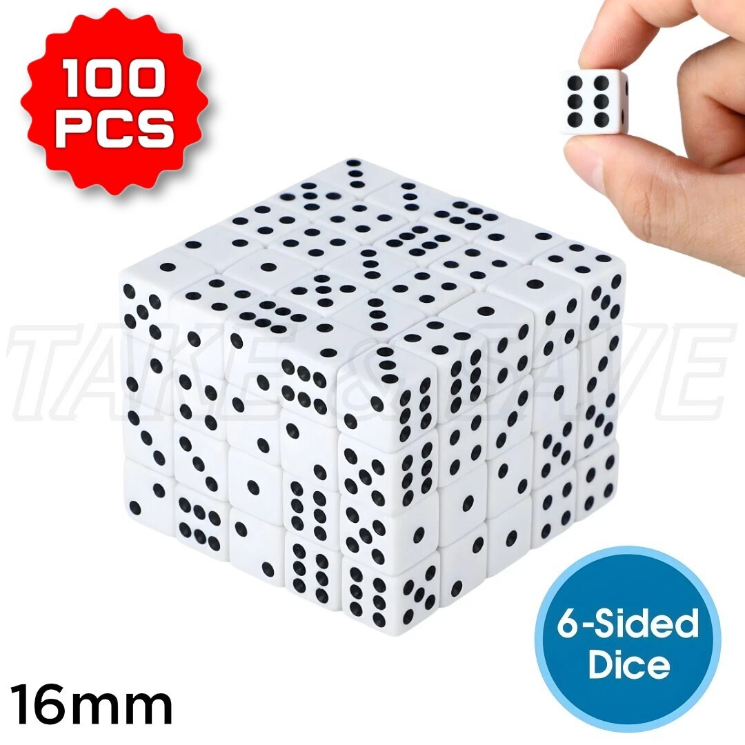 100 Pack White Dice Standard Size 16mm D6 for Casino, Board Game