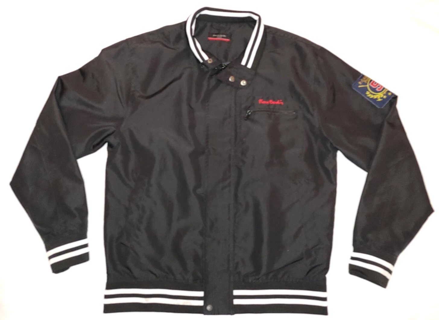 PIERRE CARDIN AUTHENTIC WINDBREAKER EMBROIDERED BLACK JACKET FULL ZIP LARGE
