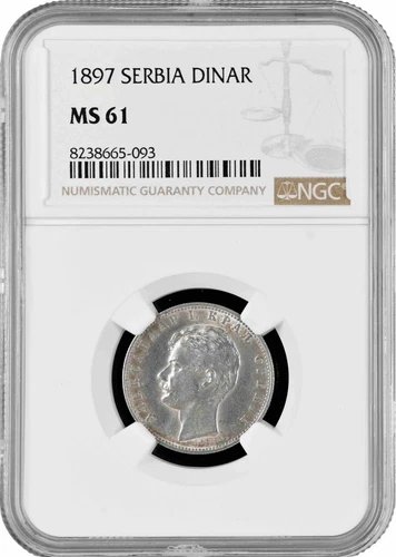 Serbia 1 dinar 1897, NGC MS61, "King Alexander I (1889 - 1903)" silver coin