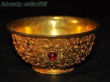 4.8"China Ancient dynasty bronze 24k gold Gilt pattern statue Tea cup Bowl Bowls