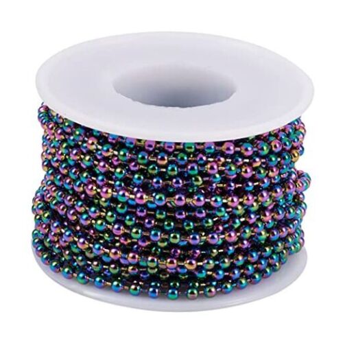 32 Feet Rainbow Steel Ball Bead Chain 3mm Multicolor Round Beaded Multi-Color
