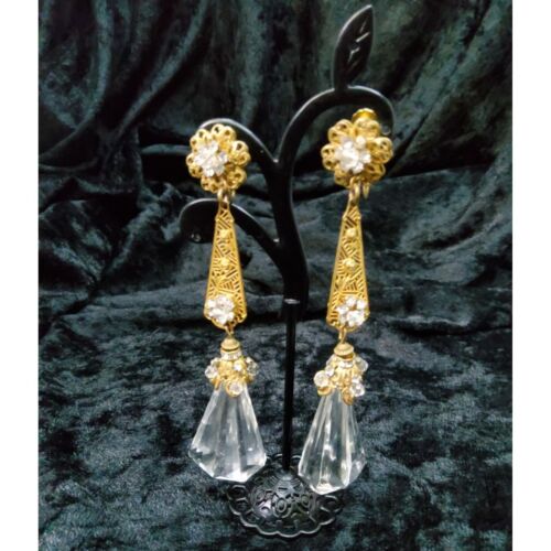 Candelabro Vintage Firmado Miriam Haskell Gran Cristal y Oro Filigrana Clip-on - Imagen 2 de 15